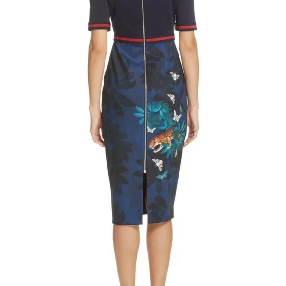 Ted Baker London Navy Floral Midi Dress Size 3 - Picture 3 of 6